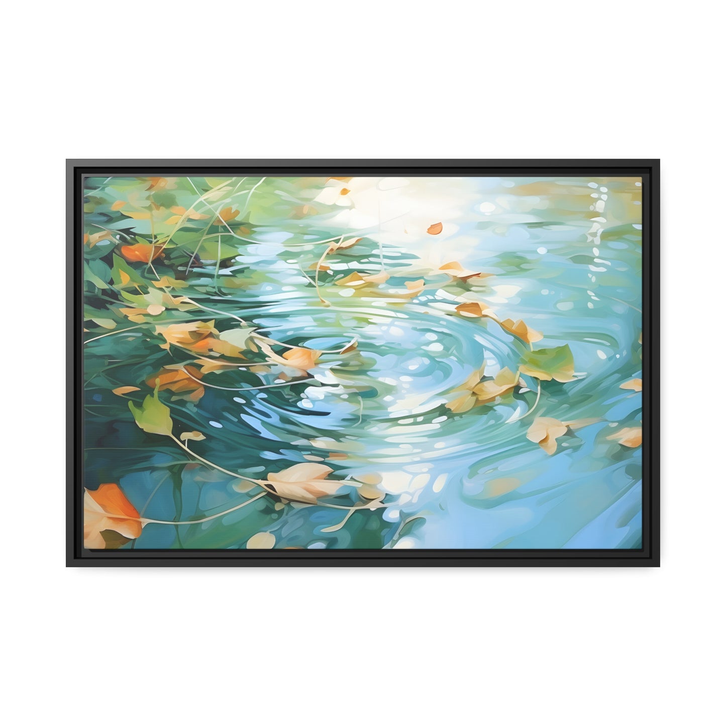 Green Reflective Pond Brown Leafy Windy Weather Framed Canvas Floating Canvas Abstract Art