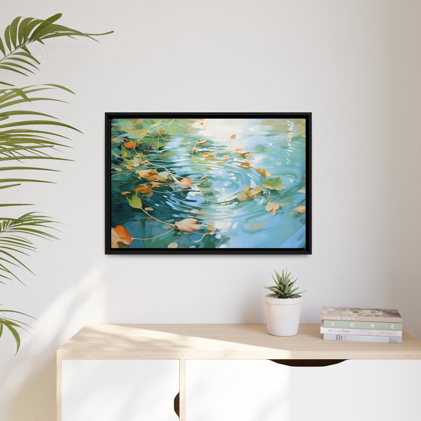 Green Reflective Pond Brown Leafy Windy Weather Framed Canvas Floating Canvas Abstract Art