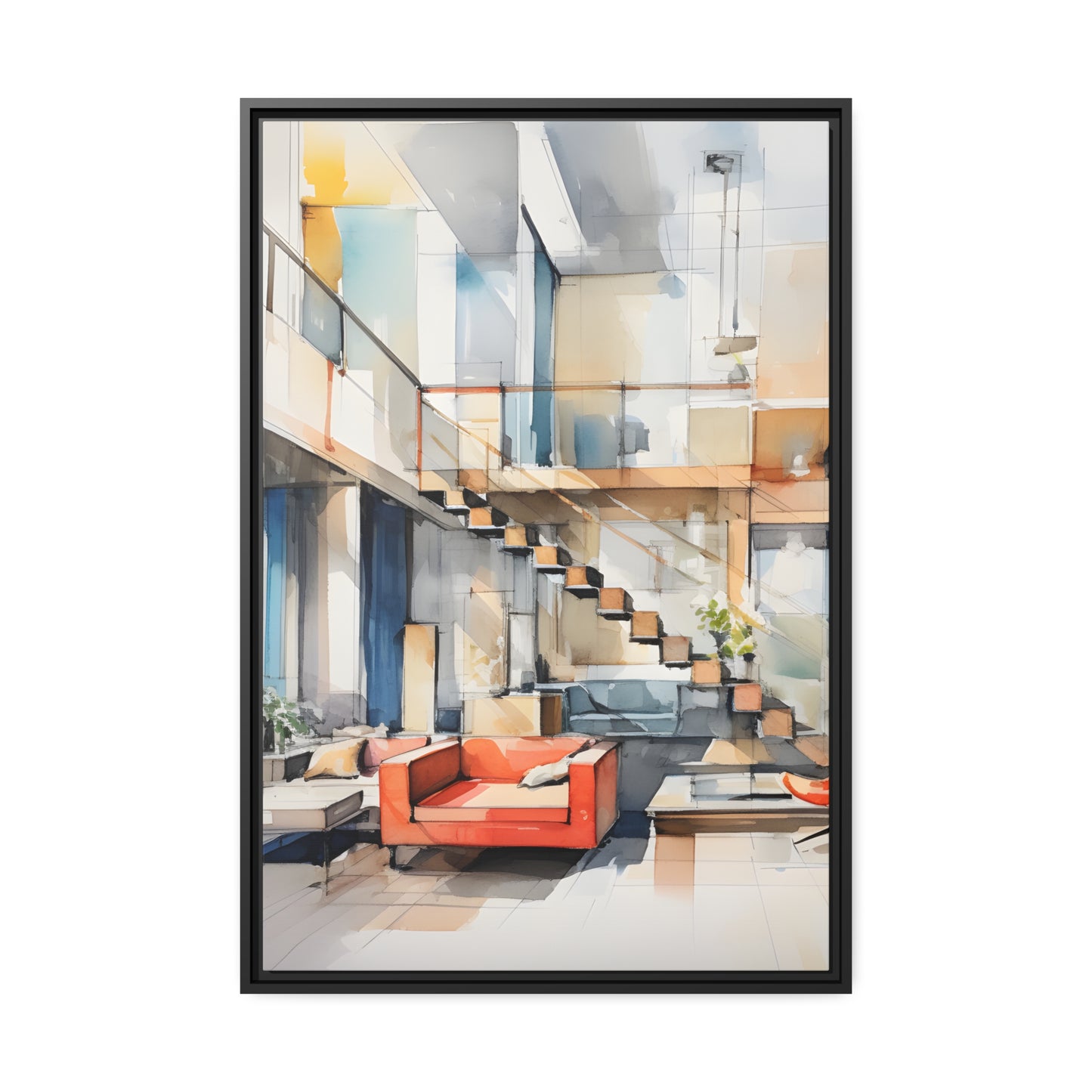 Framed Canvas Artwork Water Color Style Home Decor Red Loounge Lifestyle Floating Frame Canvas