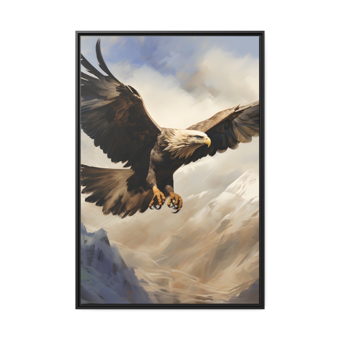 Framed Canvas Artwork Strong Soaring Bald Eagle Snowy Mountains Detailed Painting