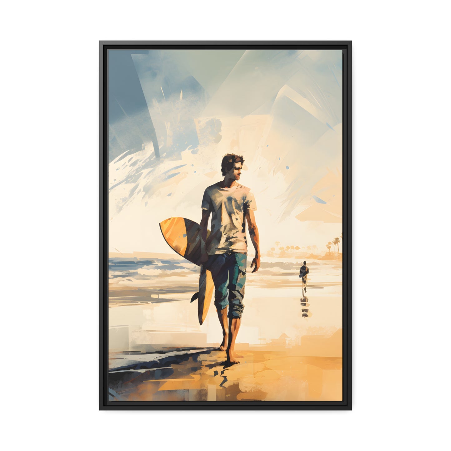 Framed Lifestyle/Ocean Side Artwork Stunning Watercolor Style Framed Painting Waves Surfer Surfing