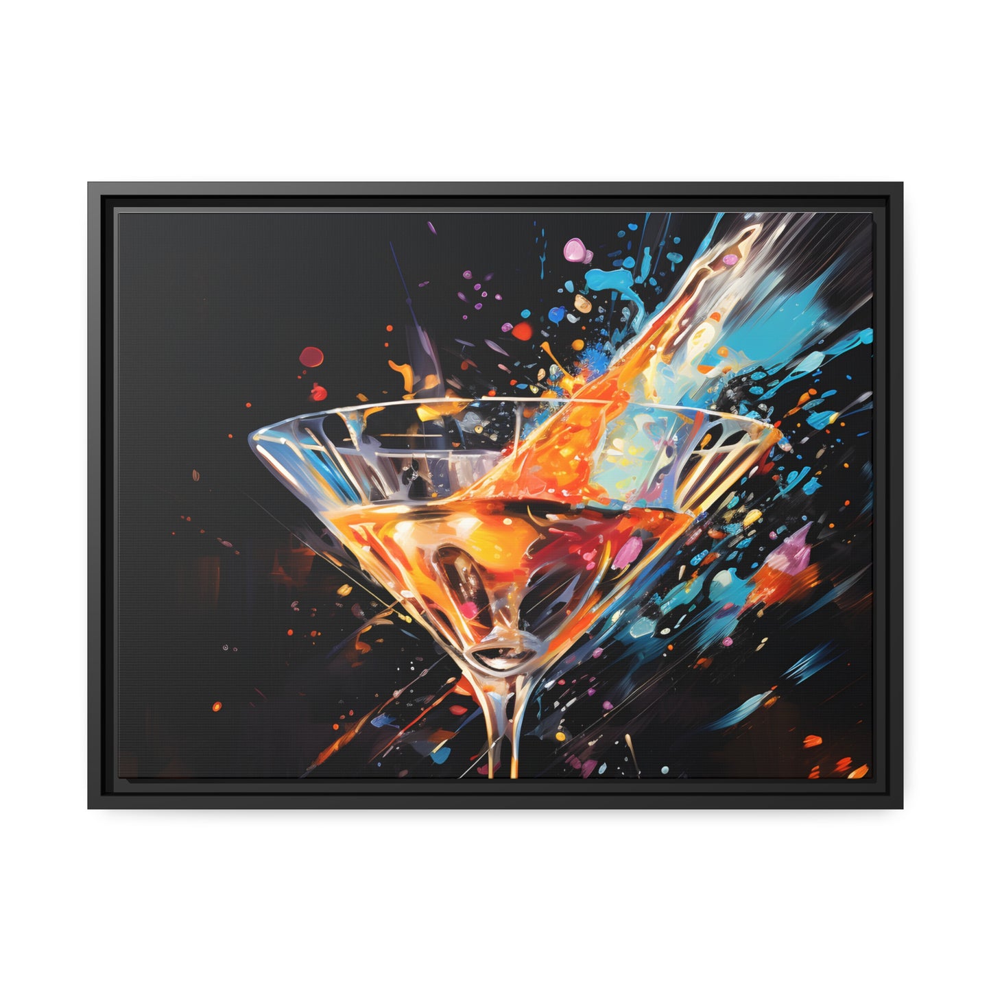 Framed Canvas artwork Bar/Night Life Art Bright Vibrant Neon Splashes Surrounding A Martini Glass Full Of Alcohol On Black Background Framed Canvas Painting Alcohol Art Close Up