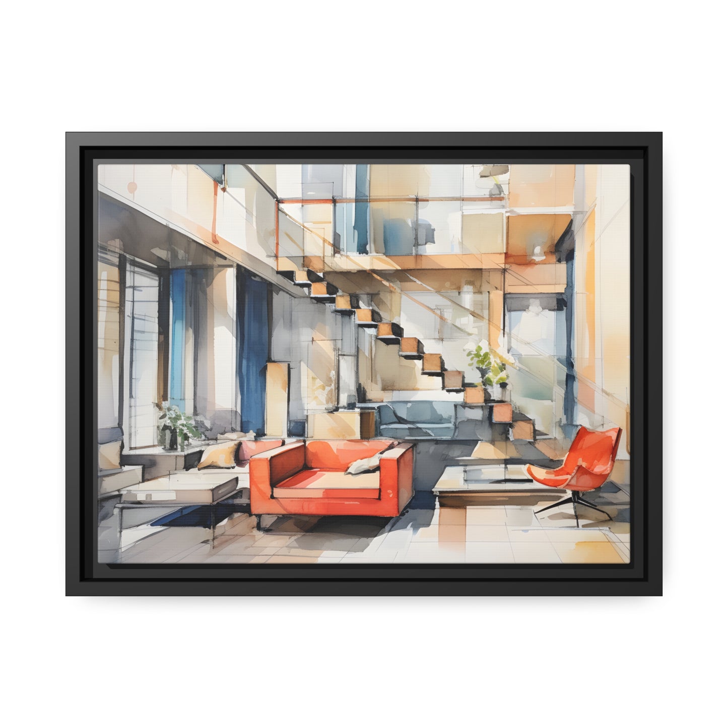 Framed Canvas Artwork Water Color Style Home Decor Red Loounge Lifestyle Floating Frame Canvas