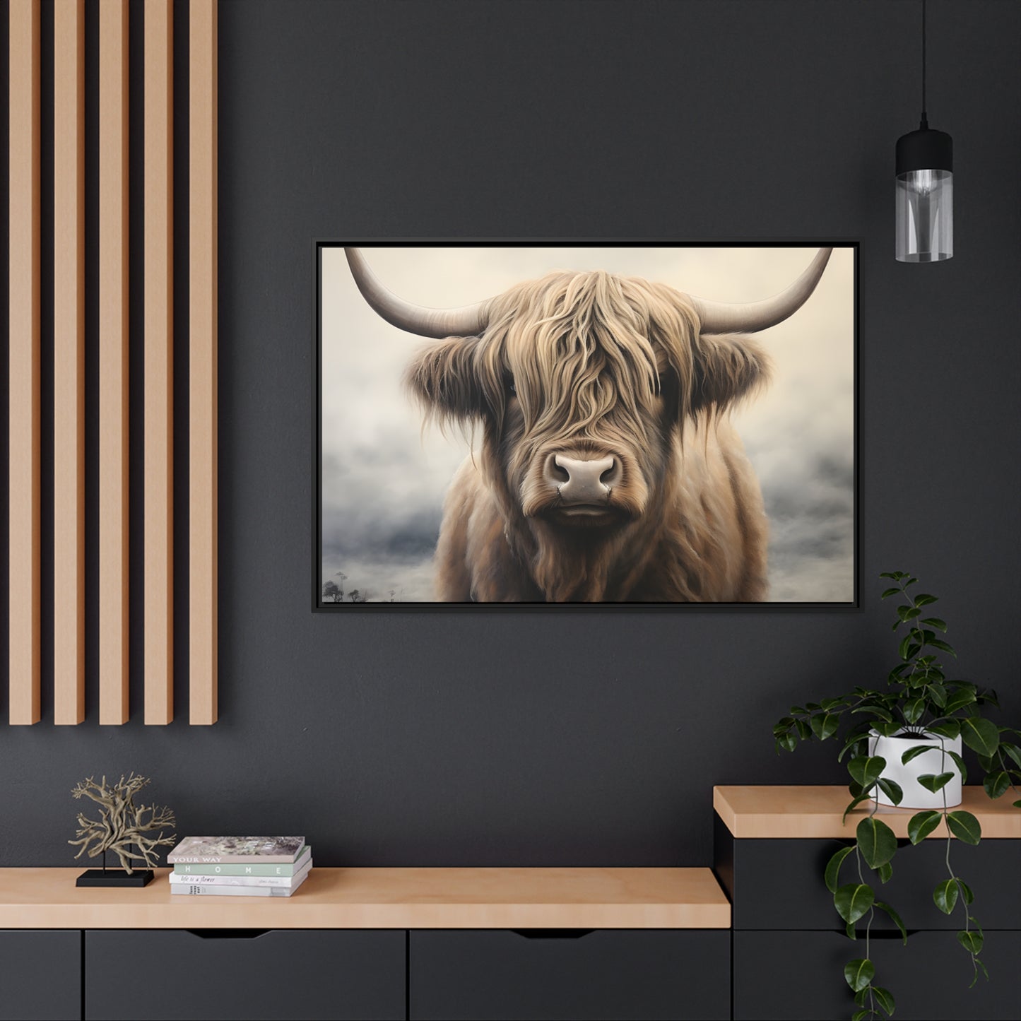 Framed Canvas Artwork Strong Stunning Highlander Bull Sunlit Staring Into The Viewer Captivating Painting Style