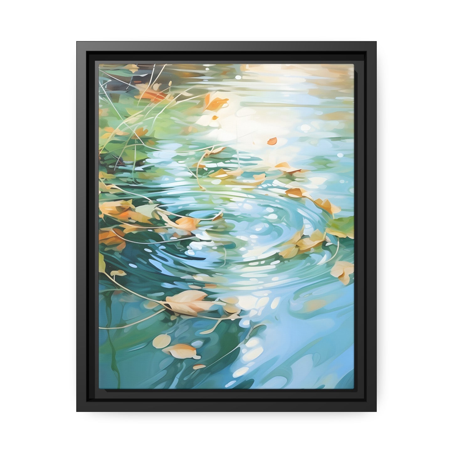 Green Reflective Pond Brown Leafy Windy Weather Framed Canvas Floating Canvas Abstract Art