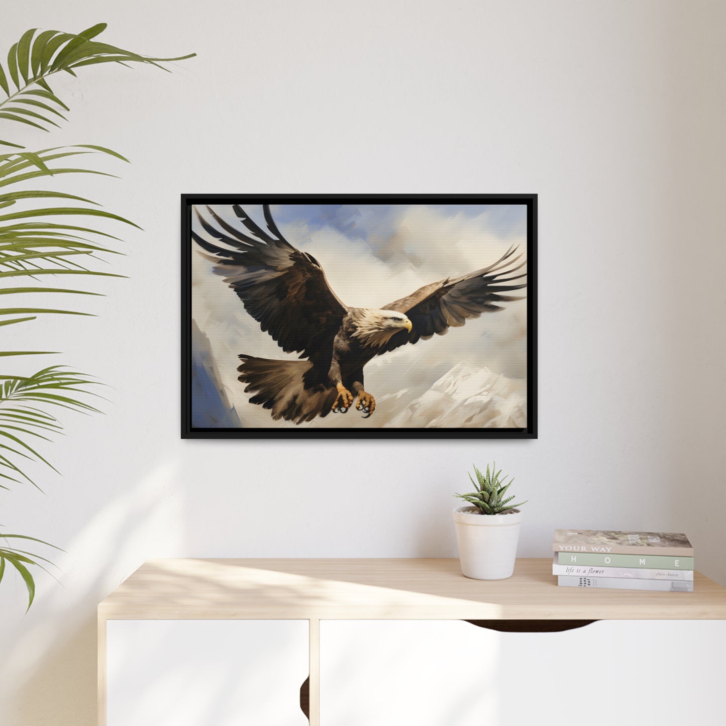 Framed Canvas Artwork Strong Soaring Bald Eagle Snowy Mountains Detailed Painting