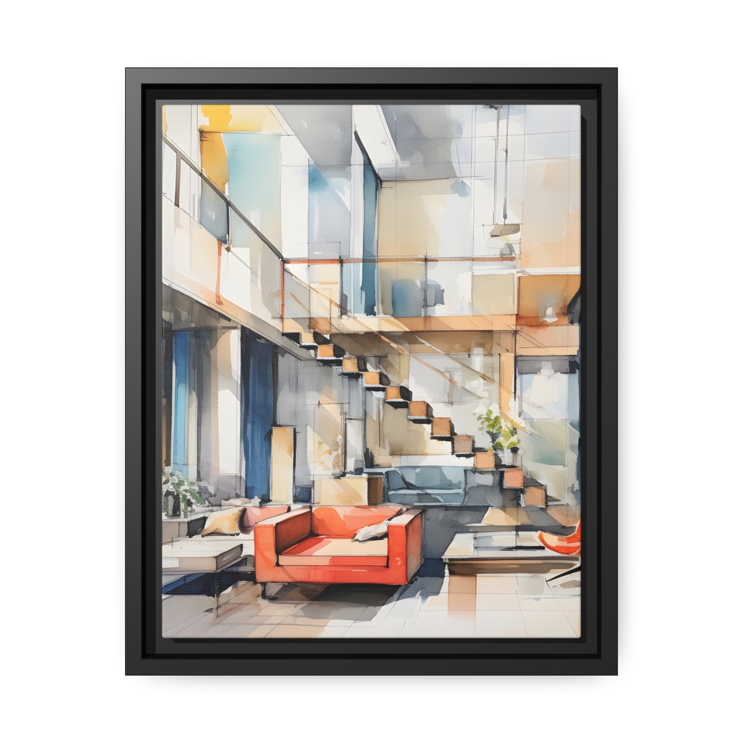 Framed Canvas Artwork Water Color Style Home Decor Red Loounge Lifestyle Floating Frame Canvas