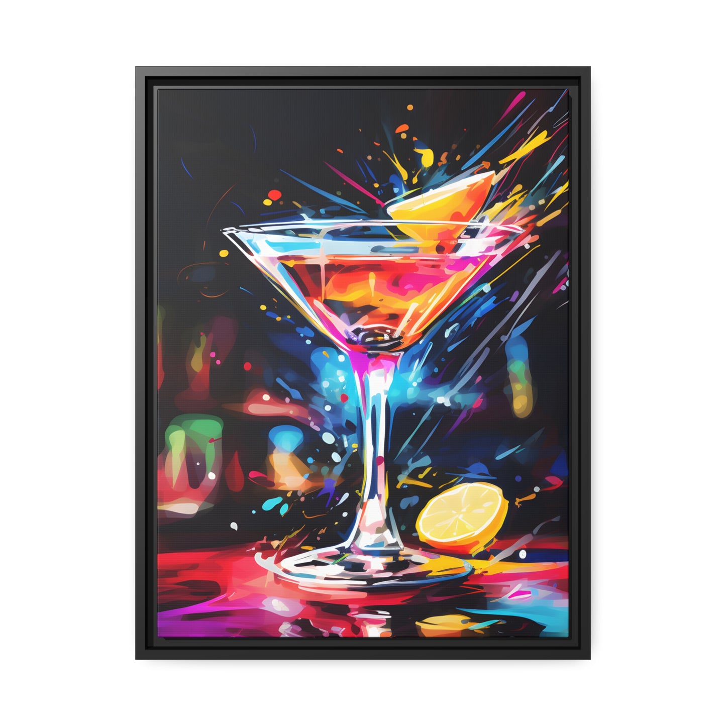 Framed Canvas artwork Bar/Night Life Art Bright Neon Splashes Surrounding A Martini Glass Full Of Alcohol Framed Canvas Painting Alcohol Art Iced Drink Close Up