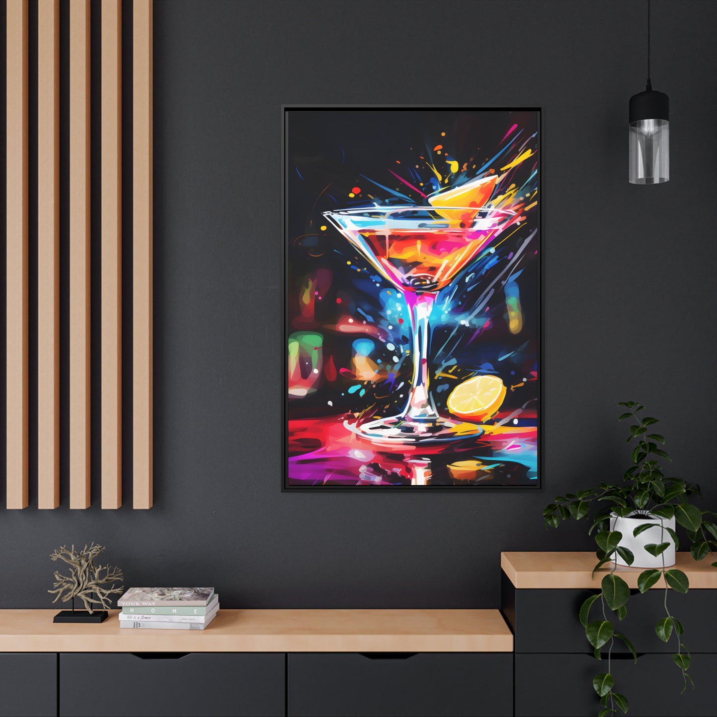 Framed Canvas artwork Bar/Night Life Art Bright Neon Splashes Surrounding A Martini Glass Full Of AlcoholFramed Canvas Painting Alcohol Art Iced Drink Close Up