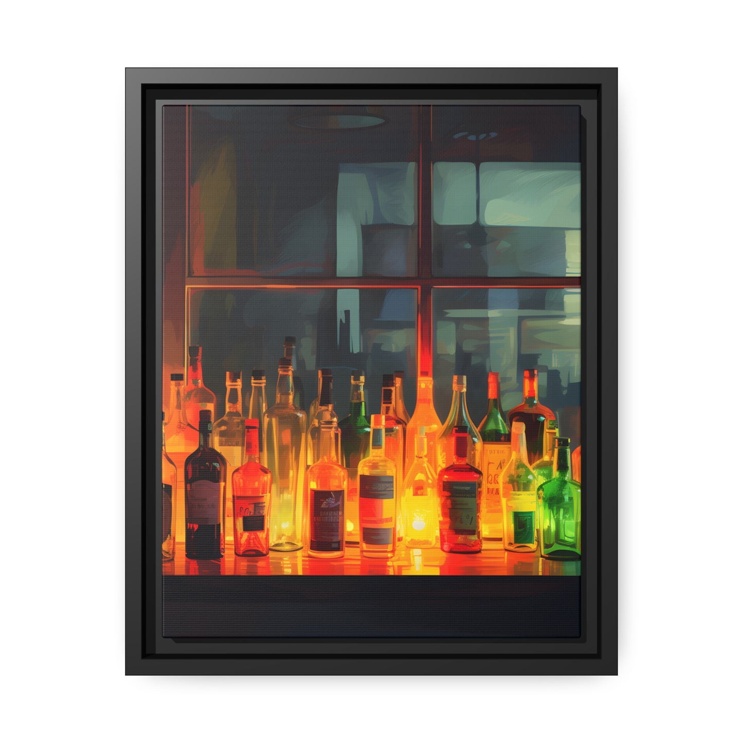 Framed Canvas Artwork Alcohol Bar Night Life Vibrant Colorful Well Lit Bar With Alcohol Bottles Lined UpParty Drinking Lifestyle Floating Frame Canvas