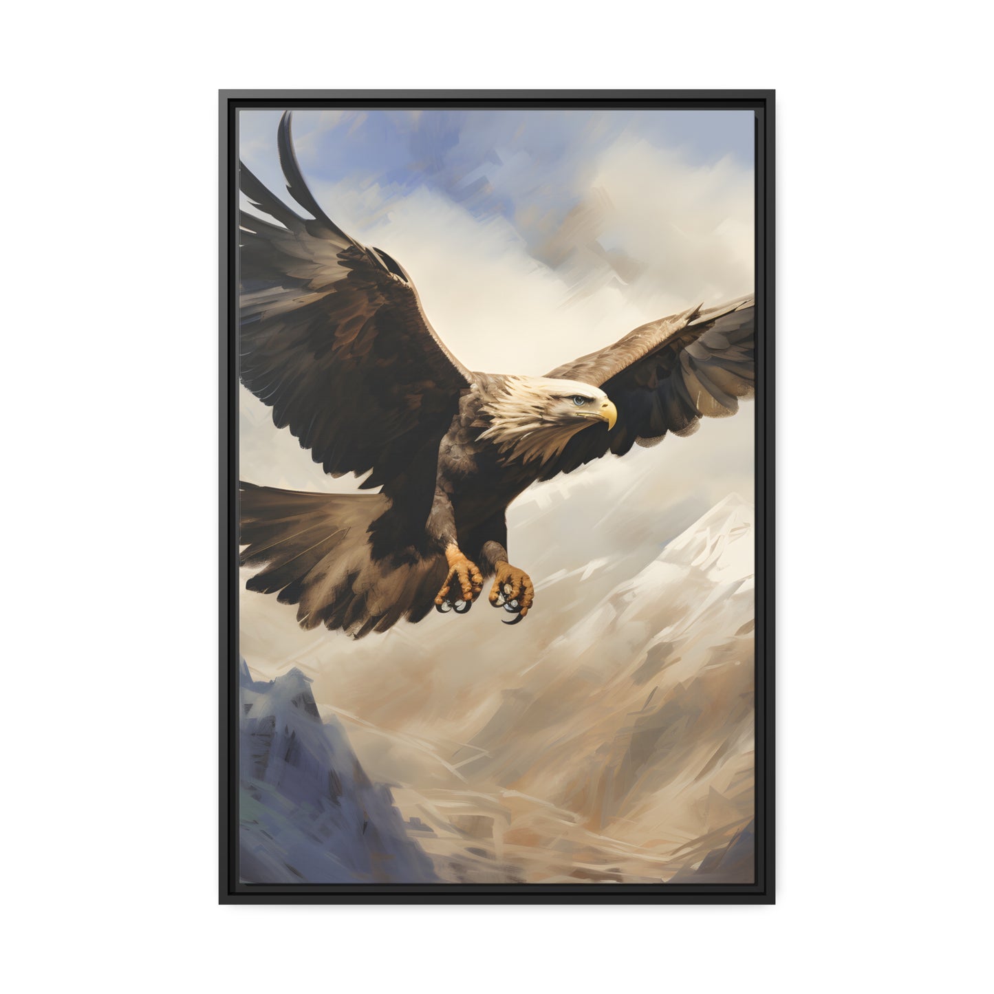 Framed Canvas Artwork Strong Soaring Bald Eagle Snowy Mountains Detailed Painting