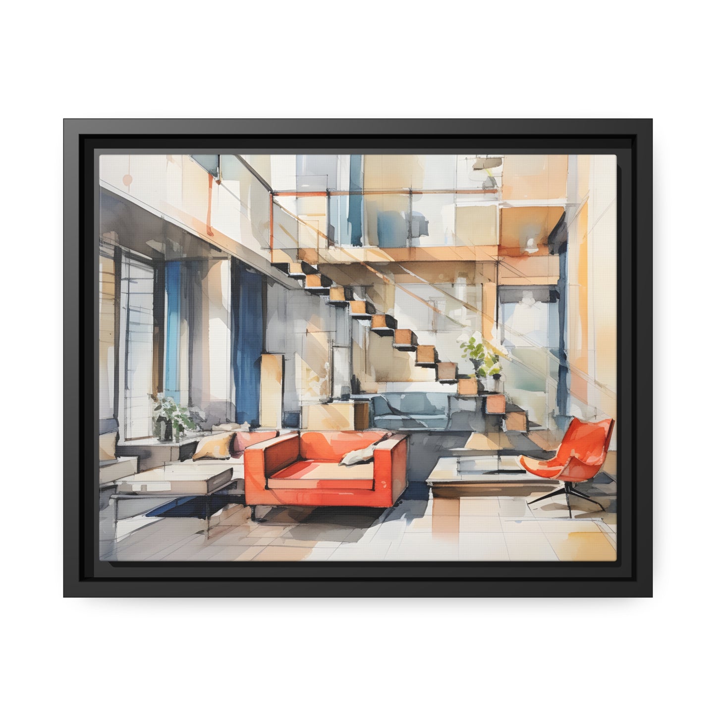 Framed Canvas Artwork Water Color Style Home Decor Red Loounge Lifestyle Floating Frame Canvas