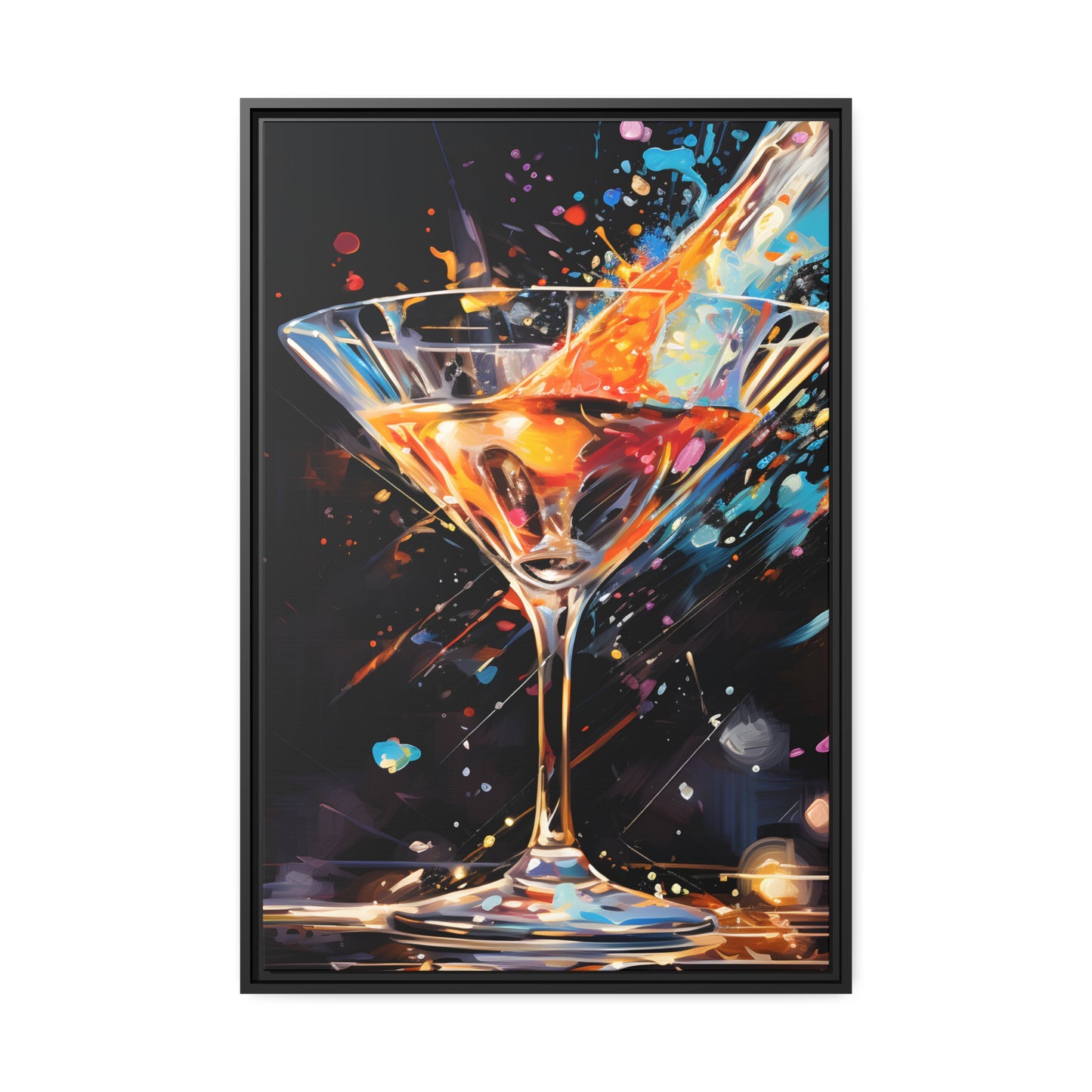 Framed Canvas artwork Bar/Night Life Art Bright Vibrant Neon Splashes Surrounding A Martini Glass Full Of Alcohol On Black Background Framed Canvas Painting Alcohol Art Close Up