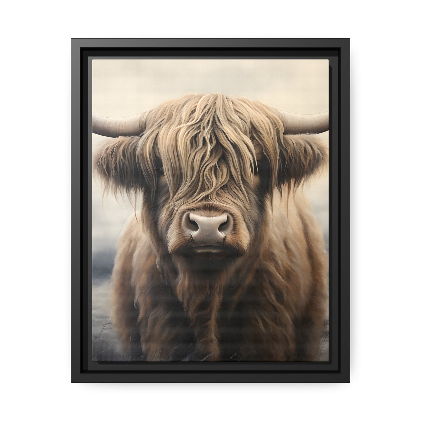 Framed Canvas Artwork Strong Stunning Highlander Bull Sunlit Staring Into The Viewer Captivating Painting Style