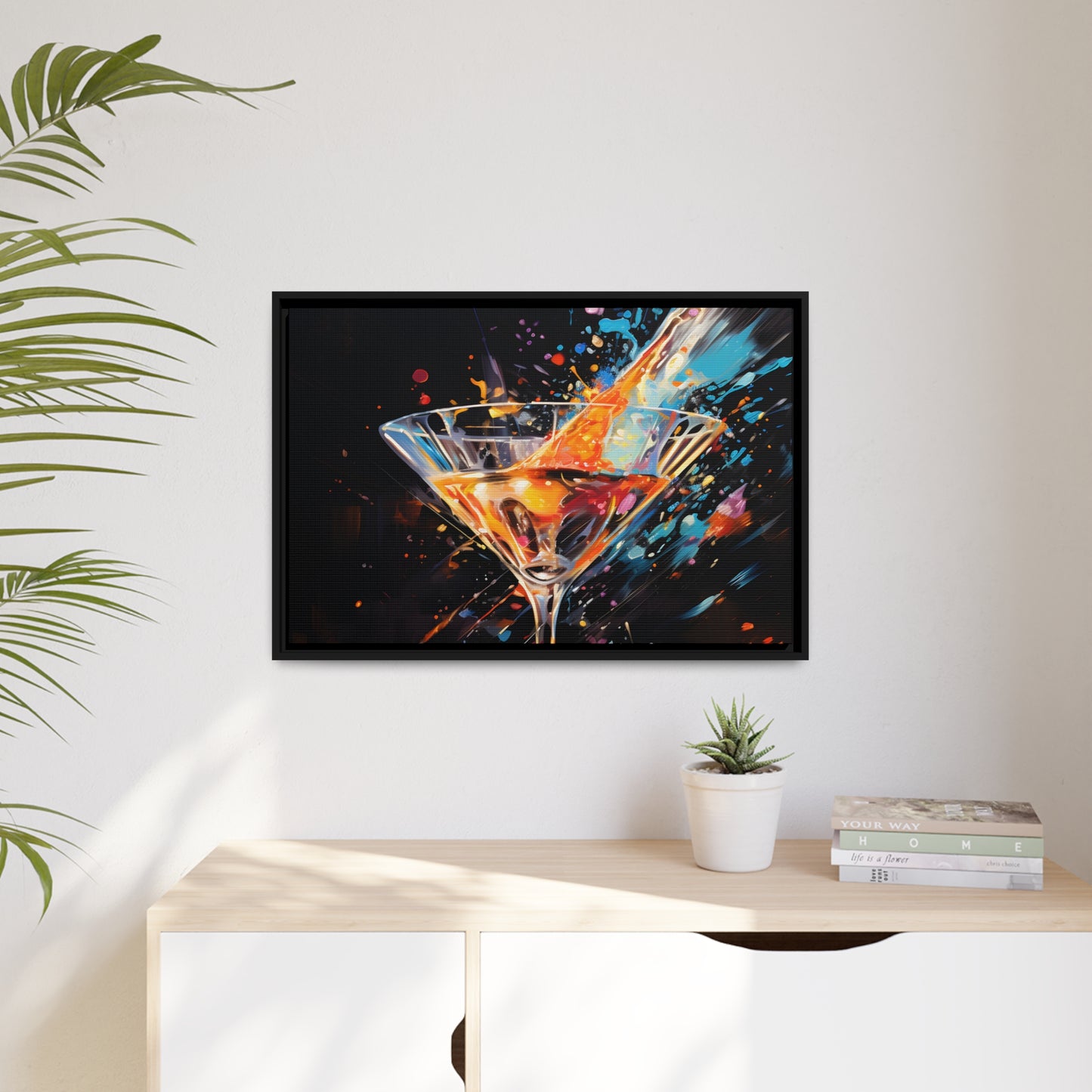 Framed Canvas artwork Bar/Night Life Art Bright Vibrant Neon Splashes Surrounding A Martini Glass Full Of Alcohol On Black Background Framed Canvas Painting Alcohol Art Close Up