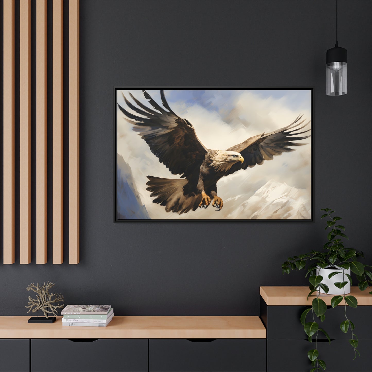 Framed Canvas Artwork Strong Soaring Bald Eagle Snowy Mountains Detailed Painting