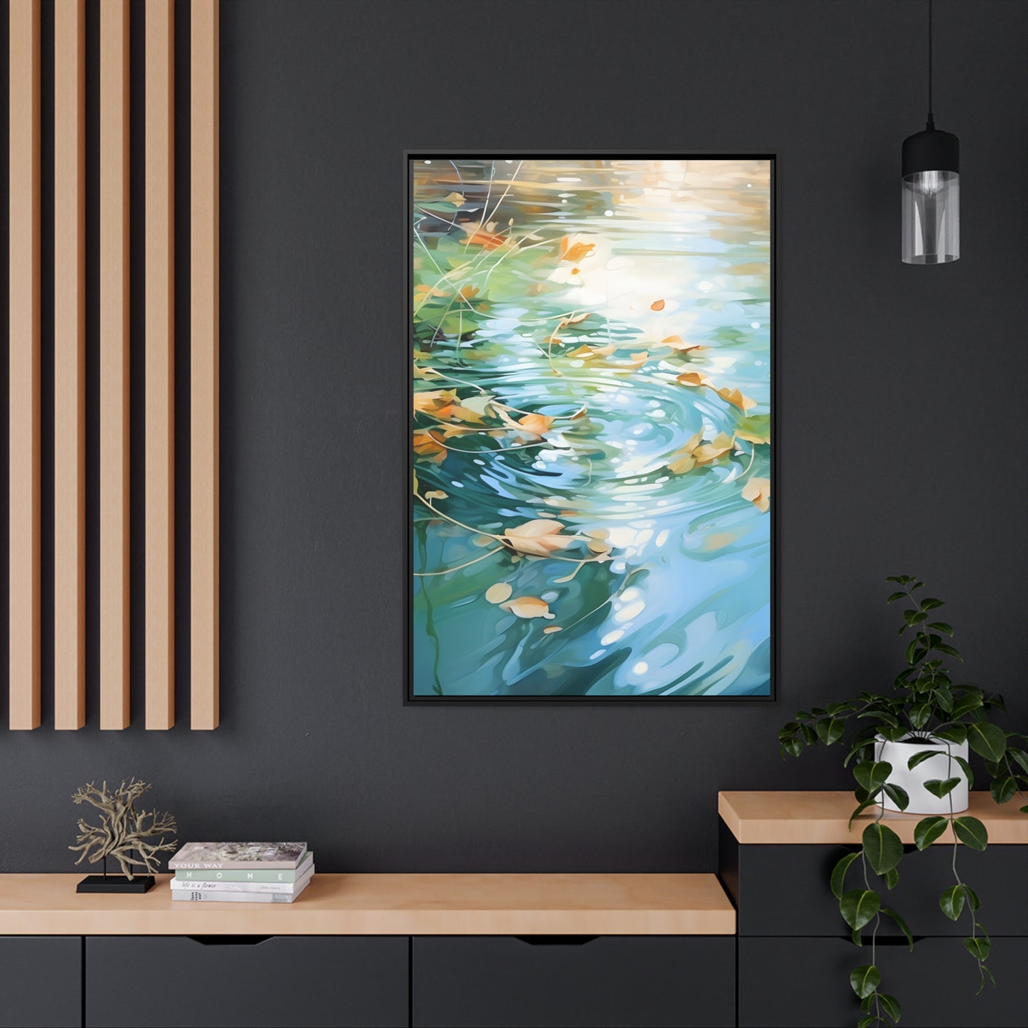 Green Reflective Pond Brown Leafy Windy Weather Framed Canvas Floating Canvas Abstract Art