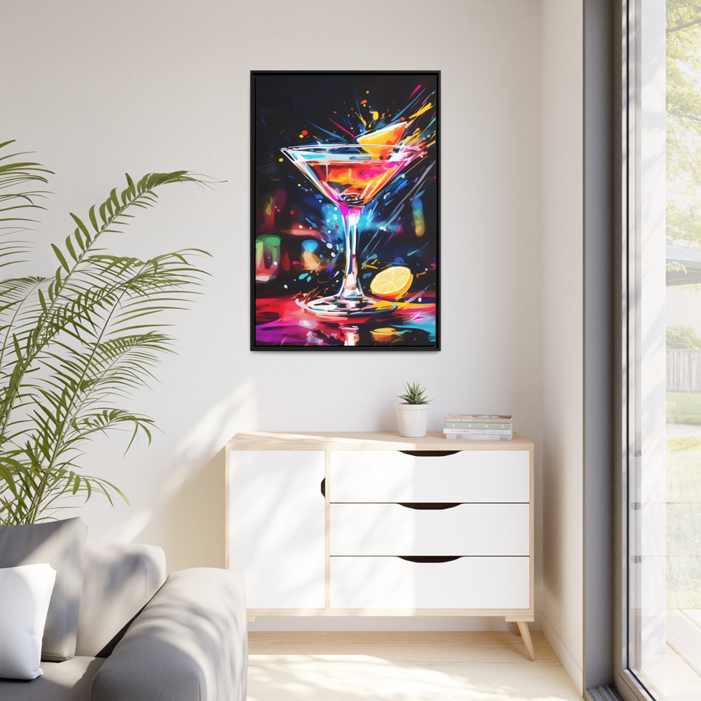 Framed Canvas artwork Bar/Night Life Art Bright Neon Splashes Surrounding A Martini Glass Full Of AlcoholFramed Canvas Painting Alcohol Art Iced Drink Close Up