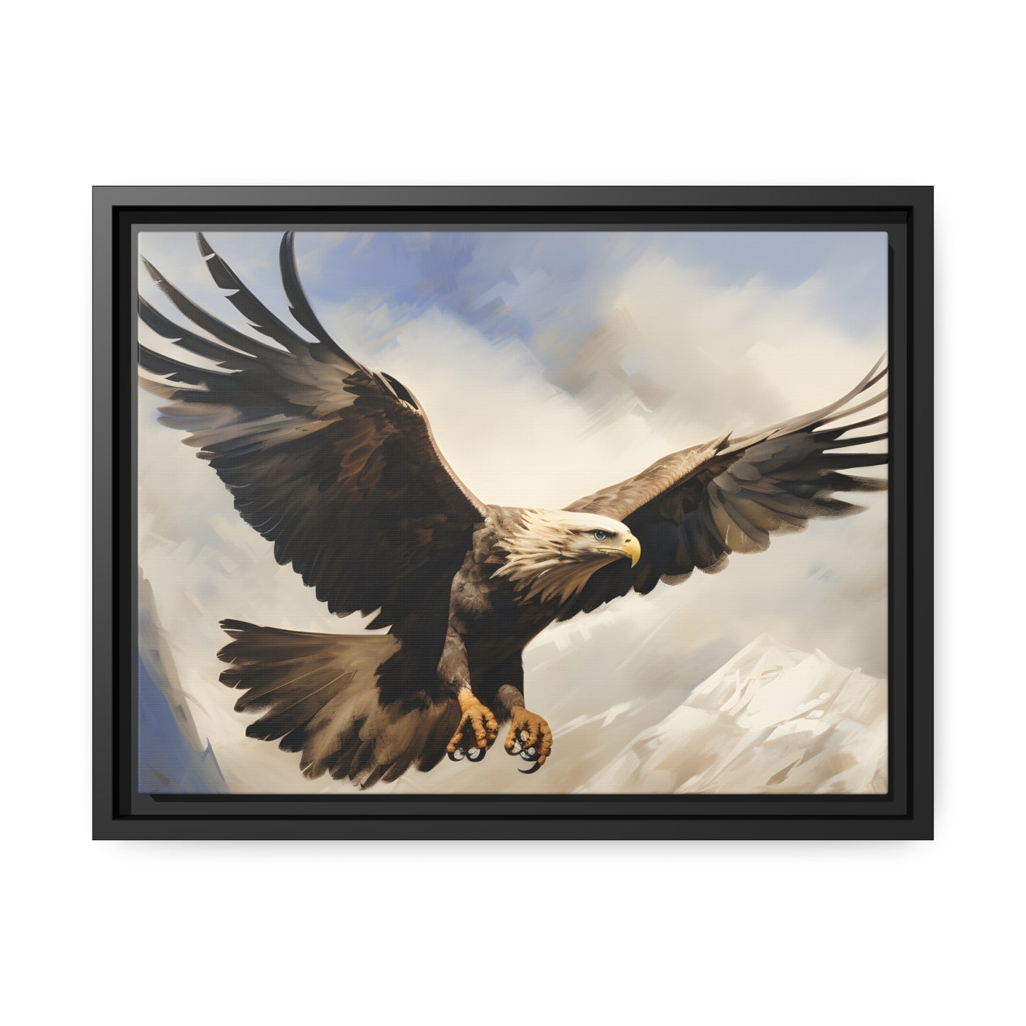 Framed Canvas Artwork Strong Soaring Bald Eagle Snowy Mountains Detailed Painting