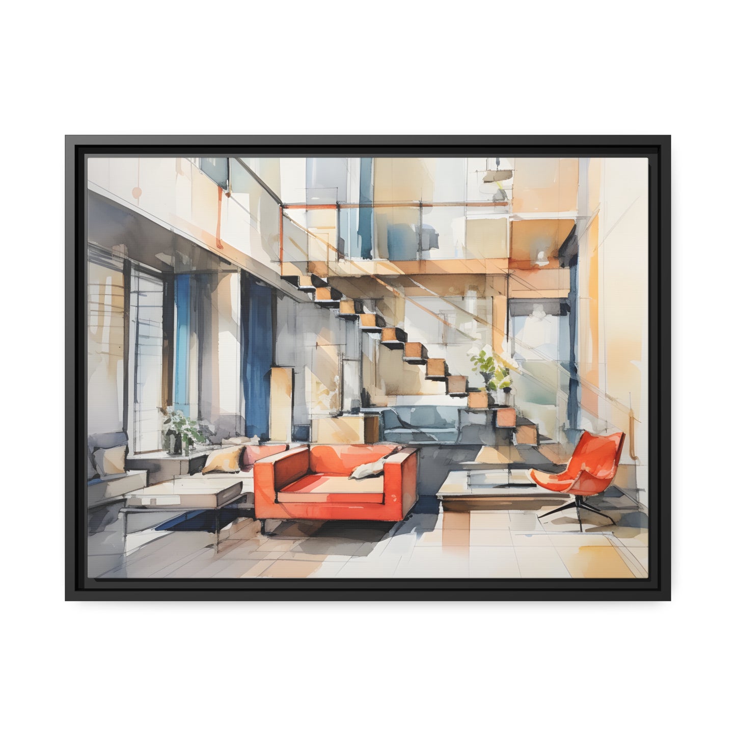 Framed Canvas Artwork Water Color Style Home Decor Red Loounge Lifestyle Floating Frame Canvas