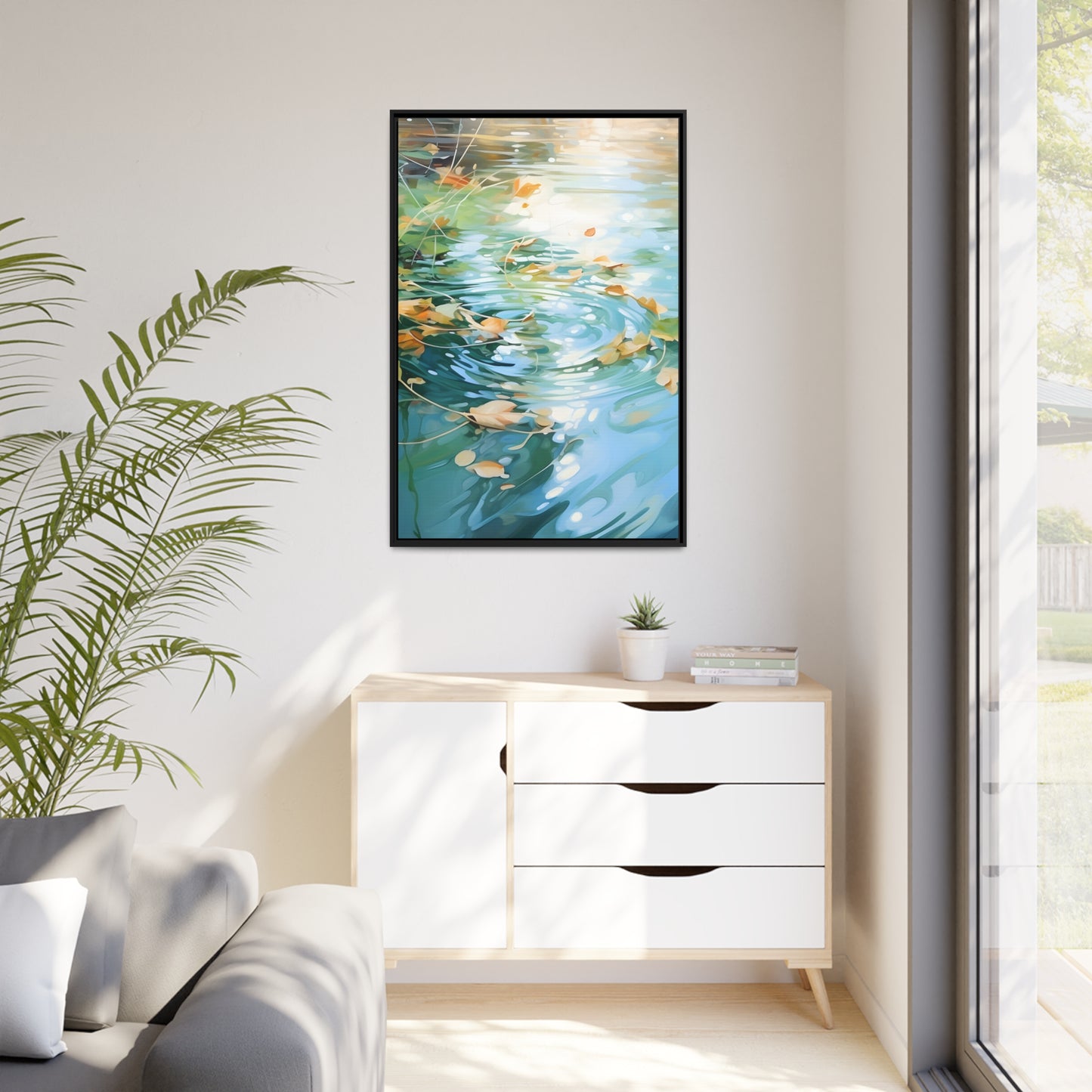 Green Reflective Pond Brown Leafy Windy Weather Framed Canvas Floating Canvas Abstract Art