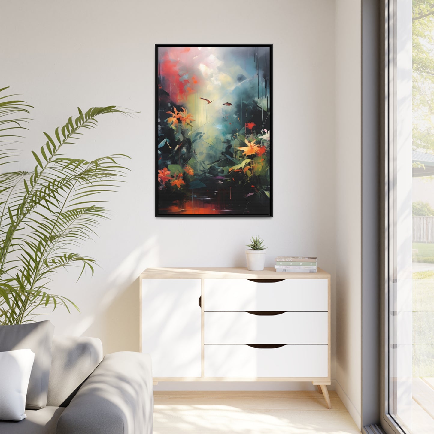 Framed Canvas Abstract Artwork Bright Vibrant Colorful Jungle Scene Abstract Art Framed Canvas