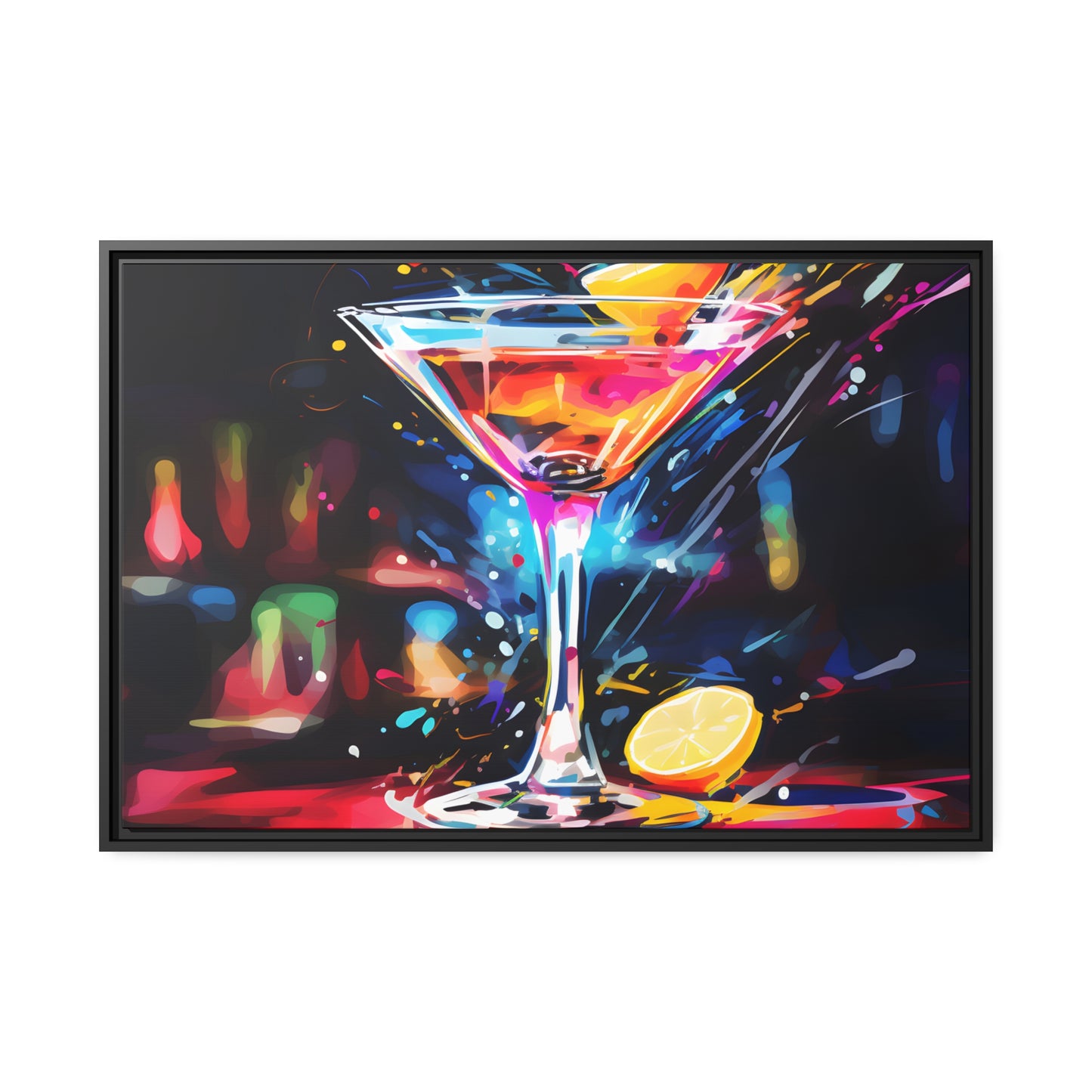 Framed Canvas artwork Bar/Night Life Art Bright Neon Splashes Surrounding A Martini Glass Full Of AlcoholFramed Canvas Painting Alcohol Art Iced Drink Close Up