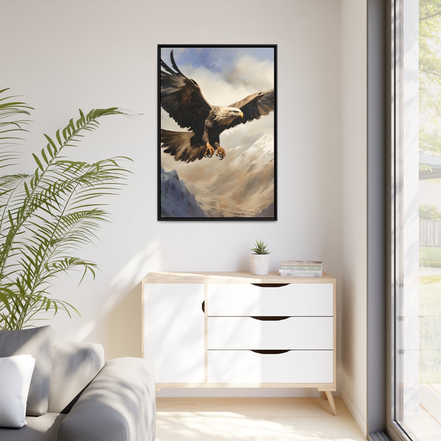 Framed Canvas Artwork Strong Soaring Bald Eagle Snowy Mountains Detailed Painting