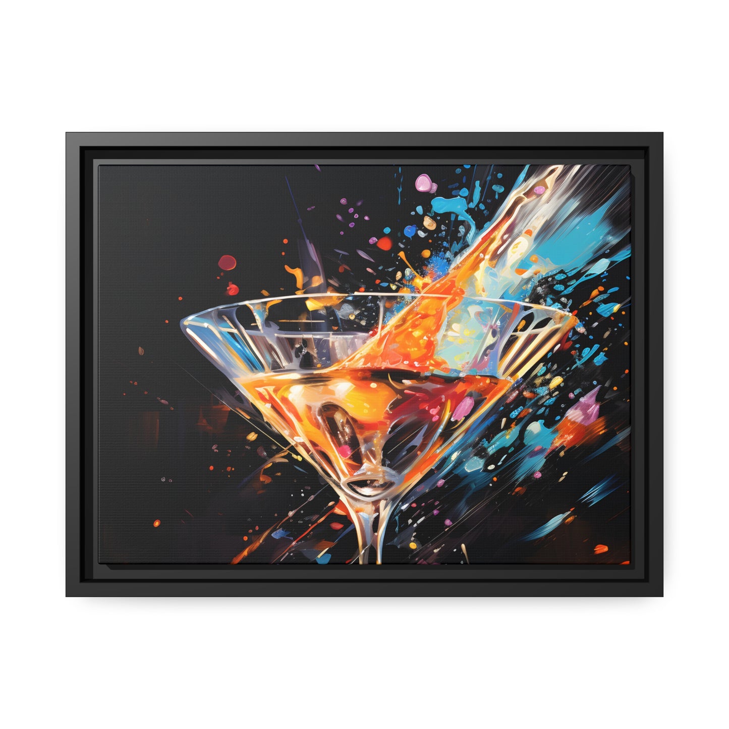Framed Canvas artwork Bar/Night Life Art Bright Vibrant Neon Splashes Surrounding A Martini Glass Full Of Alcohol On Black Background Framed Canvas Painting Alcohol Art Close Up