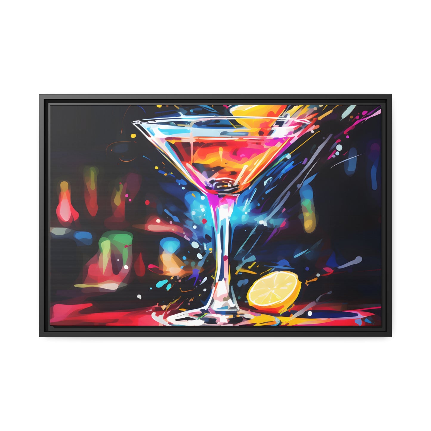 Framed Canvas artwork Bar/Night Life Art Bright Neon Splashes Surrounding A Martini Glass Full Of Alcohol Framed Canvas Painting Alcohol Art Iced Drink Close Up