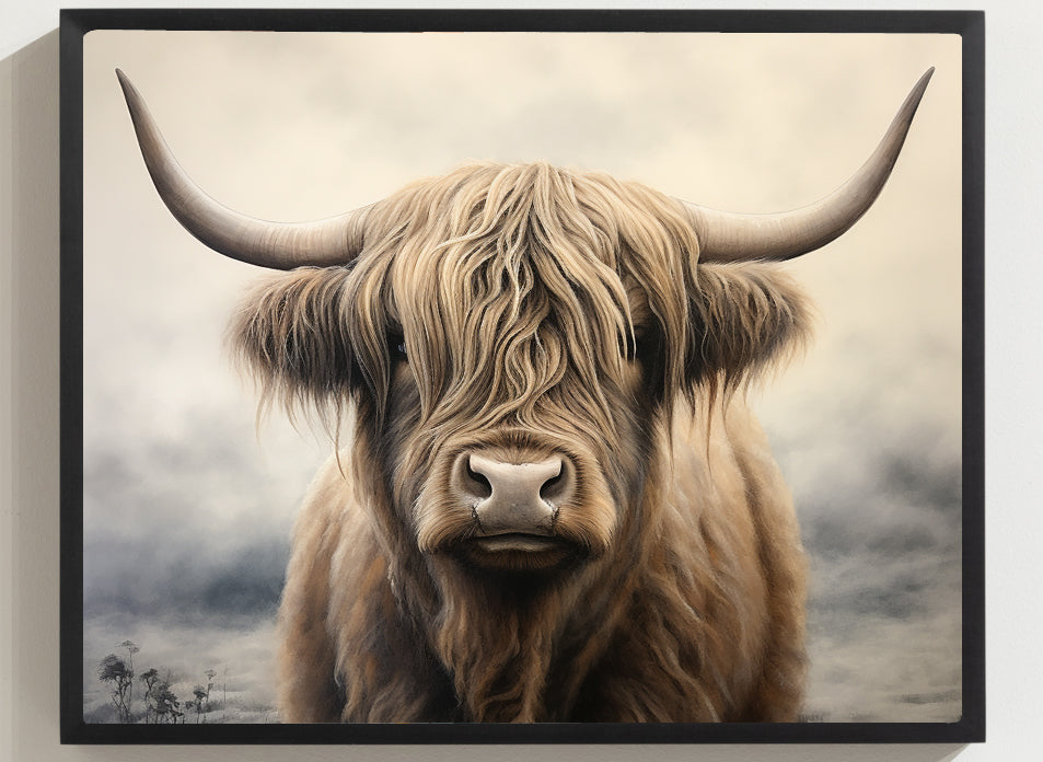 Framed Artwork Strong Stunning Highlander Bull Sunlit Staring Into The Viewer Captivating Painting Style