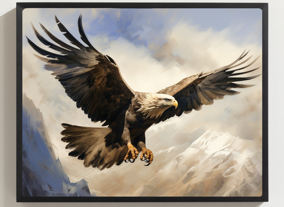 Framed Artwork Print Strong Soaring Bald Eagle Snowy Mountains Detailed Painting, Large Wing Span Mid Flight Ready To Swoop