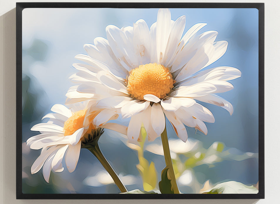 Framed Print Double Daisy Realistic Oil Painting Nature Inspired Artwork Stunning Sunlit Twin Daisy Blooming Oil Painting Style