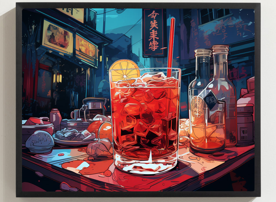 Framed Print Artwork Japanese Manga Style Alcohol And Night Life Bar Art Alcoholic Drink With Ice And Lemon Slice Framed Poster Neon Light Bar Artwork
