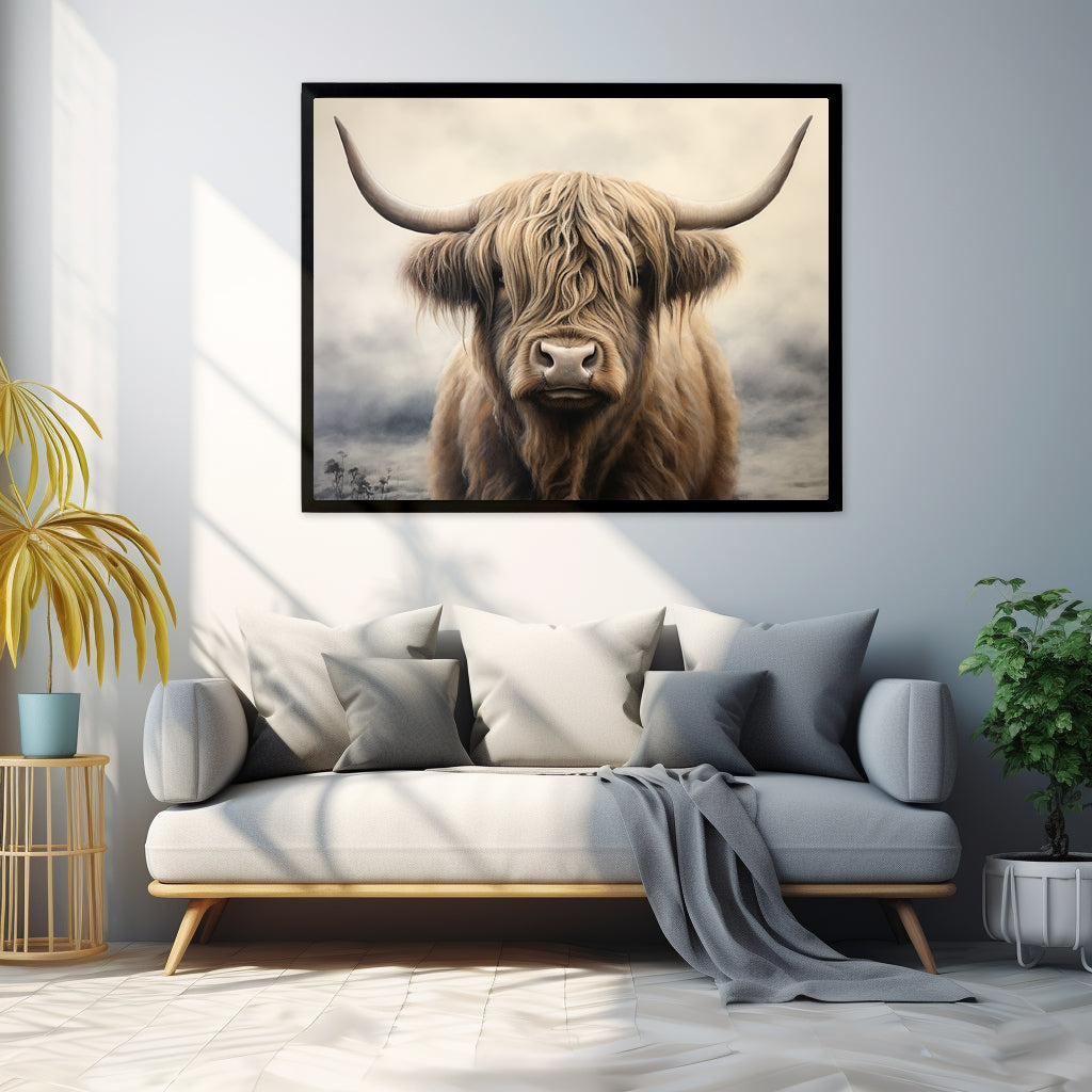 Framed Artwork Strong Stunning Highlander Bull Sunlit Staring Into The Viewer Captivating Painting Style