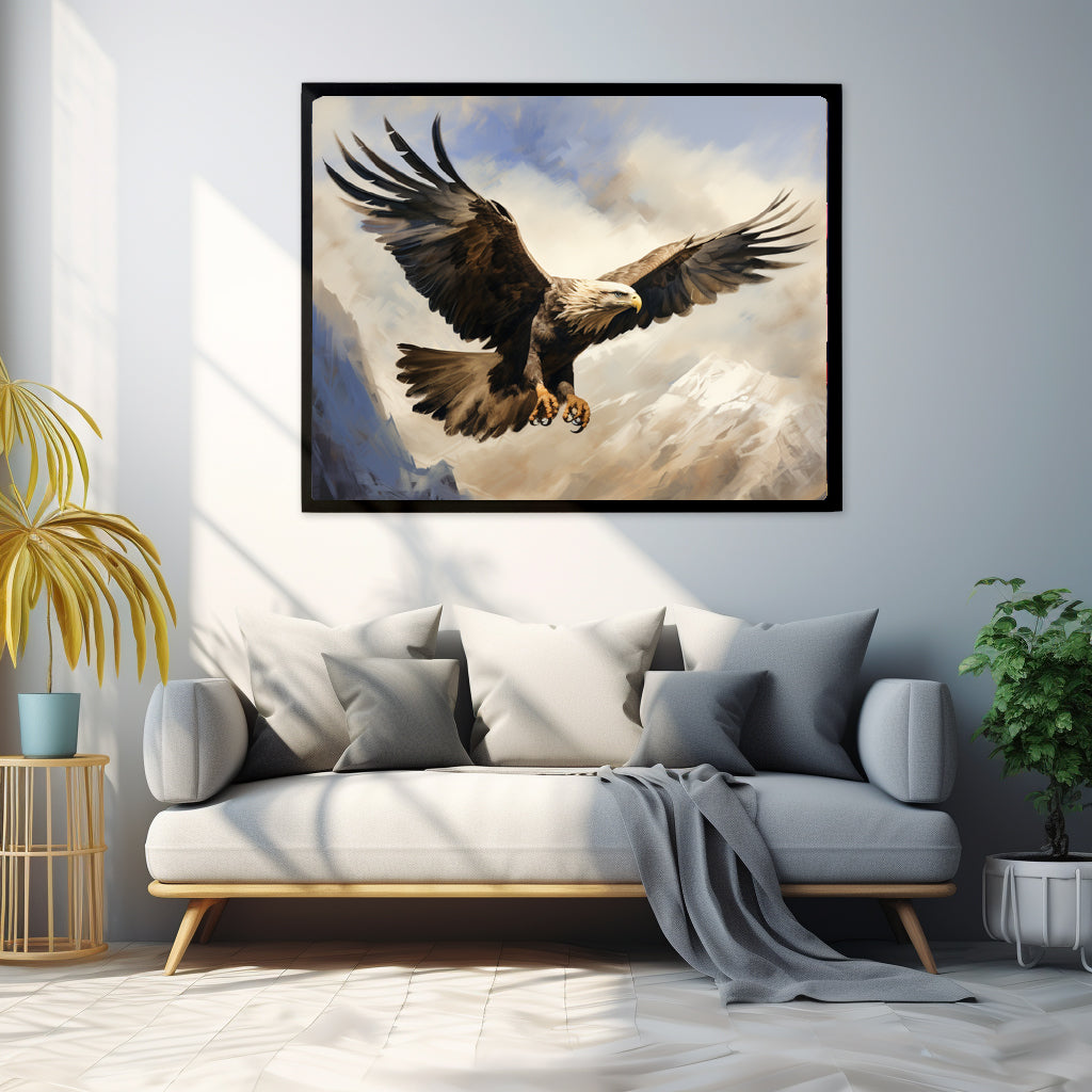 Framed Artwork Print Strong Soaring Bald Eagle Snowy Mountains Detailed Painting, Large Wing Span Mid Flight Ready To Swoop