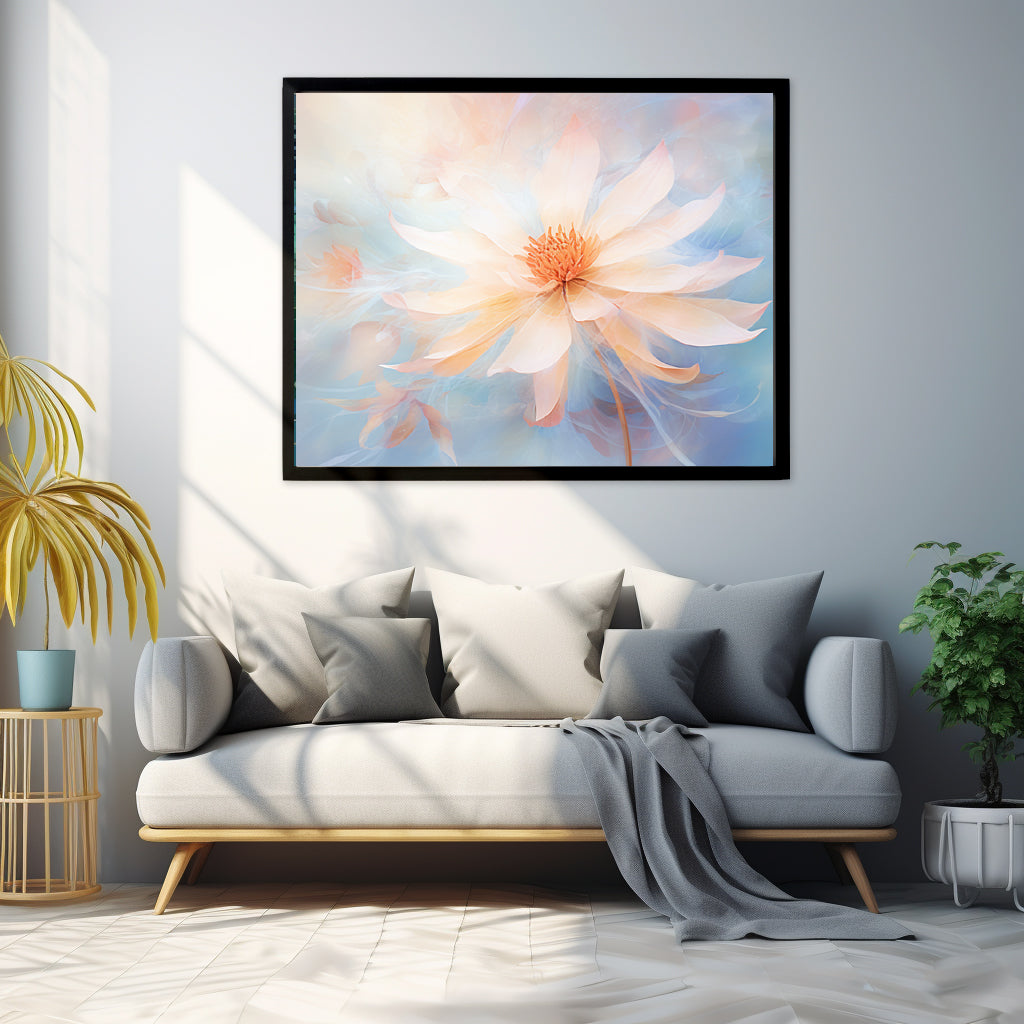 Framed Print Watercolor Style Soft White Daisy Flower Light Blue Background Soothing & Overall Calming Feel Painted Nature Art Plants Flowers Garden Framed Poster