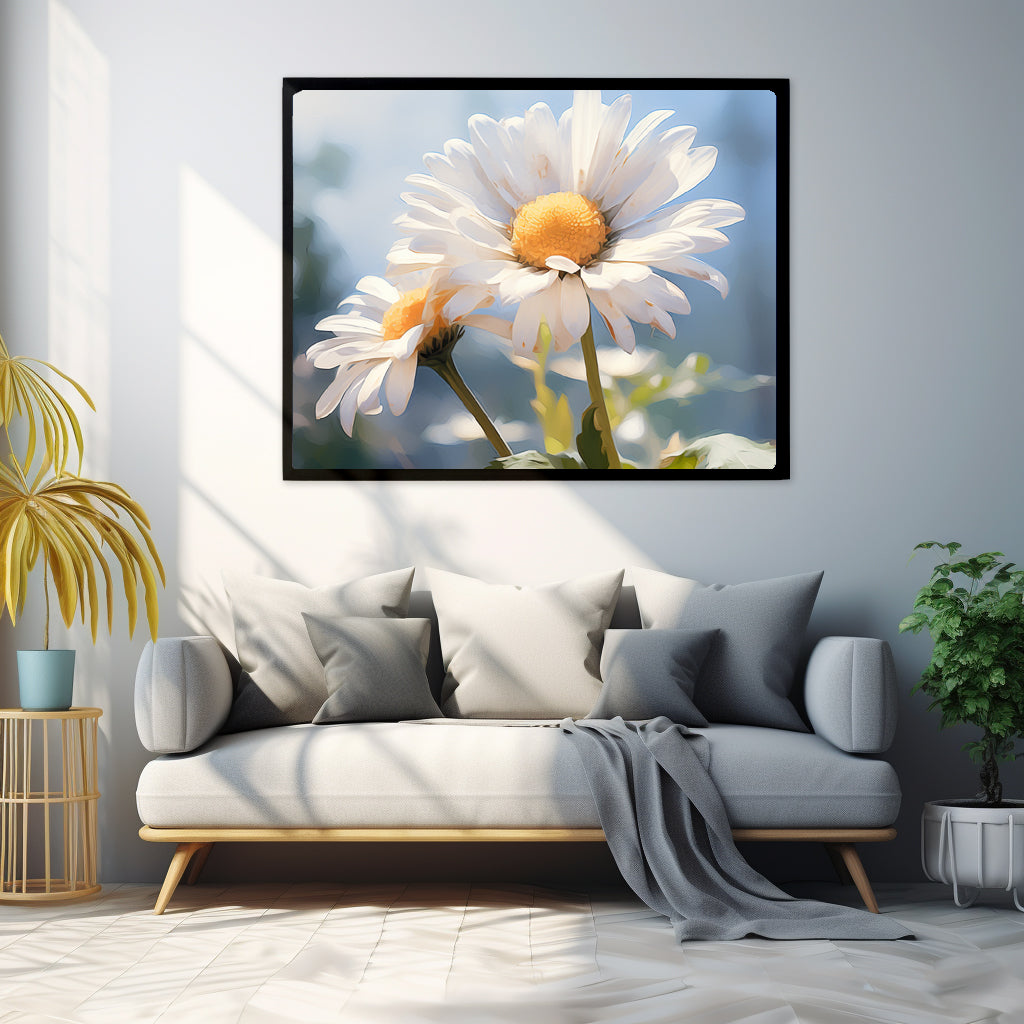Framed Print Double Daisy Realistic Oil Painting Nature Inspired Artwork Stunning Sunlit Twin Daisy Blooming Oil Painting Style