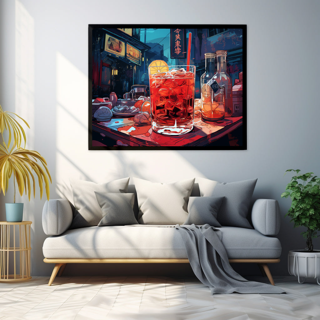 Framed Print Artwork Japanese Manga Style Alcohol And Night Life Bar Art Alcoholic Drink With Ice And Lemon Slice Framed Poster Neon Light Bar Artwork