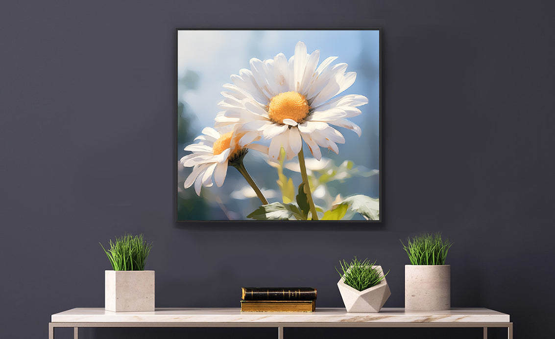 Framed Print Double Daisy Realistic Oil Painting Nature Inspired Artwork Stunning Sunlit Twin Daisy Blooming Oil Painting Style