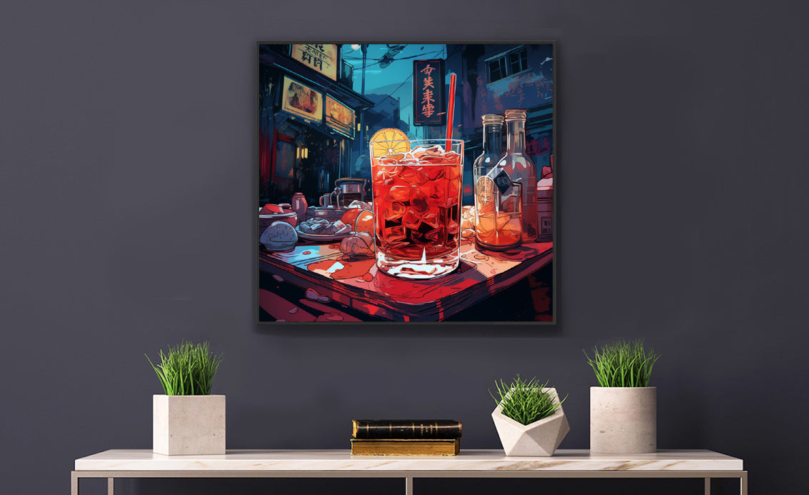 Framed Print Artwork Japanese Manga Style Alcohol And Night Life Bar Art Alcoholic Drink With Ice And Lemon Slice Framed Poster Neon Light Bar Artwork