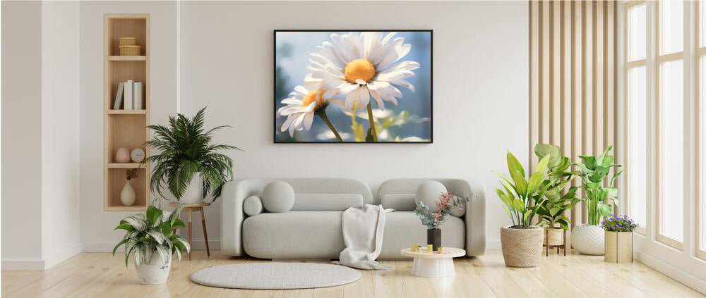 Framed Print Double Daisy Realistic Oil Painting Nature Inspired Artwork Stunning Sunlit Twin Daisy Blooming Oil Painting Style