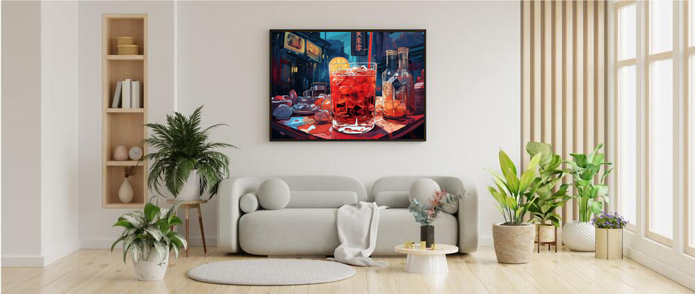 Framed Print Artwork Japanese Manga Style Alcohol And Night Life Bar Art Alcoholic Drink With Ice And Lemon Slice Framed Poster Neon Light Bar Artwork