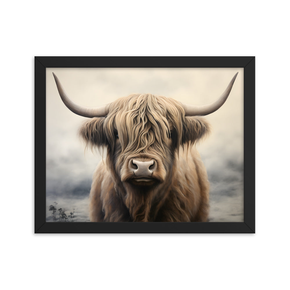 Framed Artwork Strong Stunning Highlander Bull Sunlit Staring Into The Viewer Captivating Painting Style
