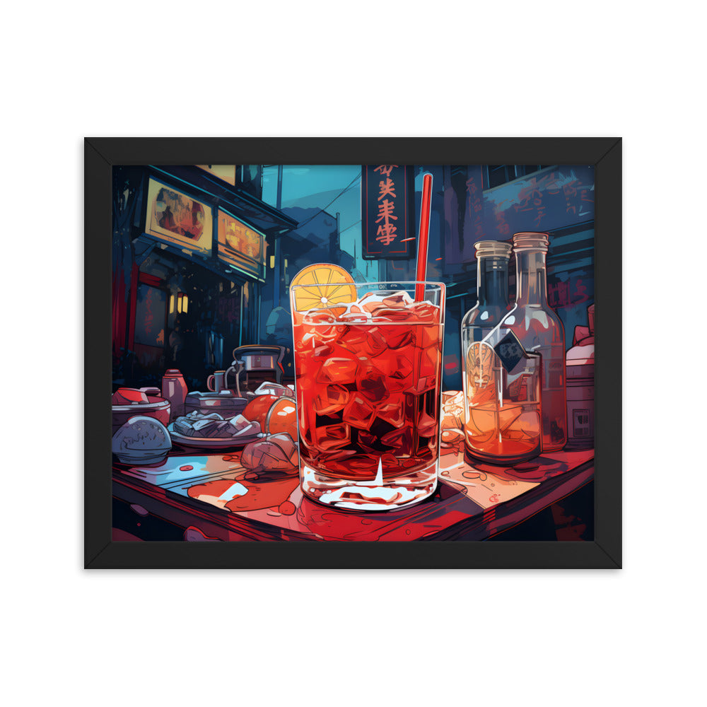 Framed Print Artwork Japanese Manga Style Alcohol And Night Life Bar Art Alcoholic Drink With Ice And Lemon Slice Framed Poster Neon Light Bar Artwork 11x14"
