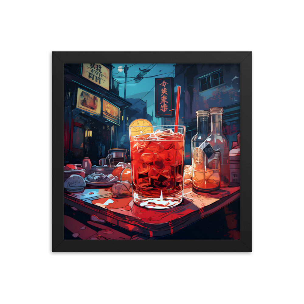Framed Print Artwork Japanese Manga Style Alcohol And Night Life Bar Art Alcoholic Drink With Ice And Lemon Slice Framed Poster Neon Light Bar Artwork 12x12"