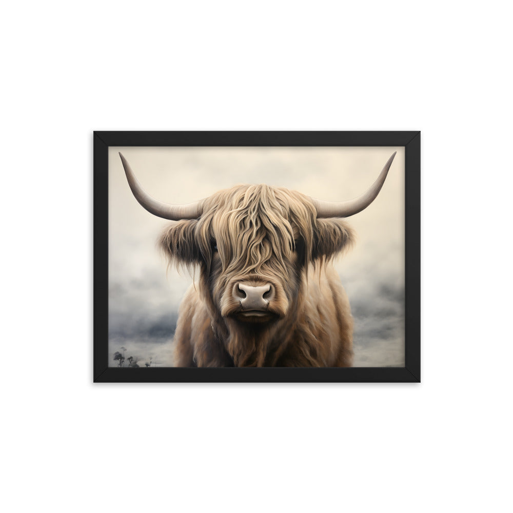 Framed Artwork Strong Stunning Highlander Bull Sunlit Staring Into The Viewer Captivating Painting Style