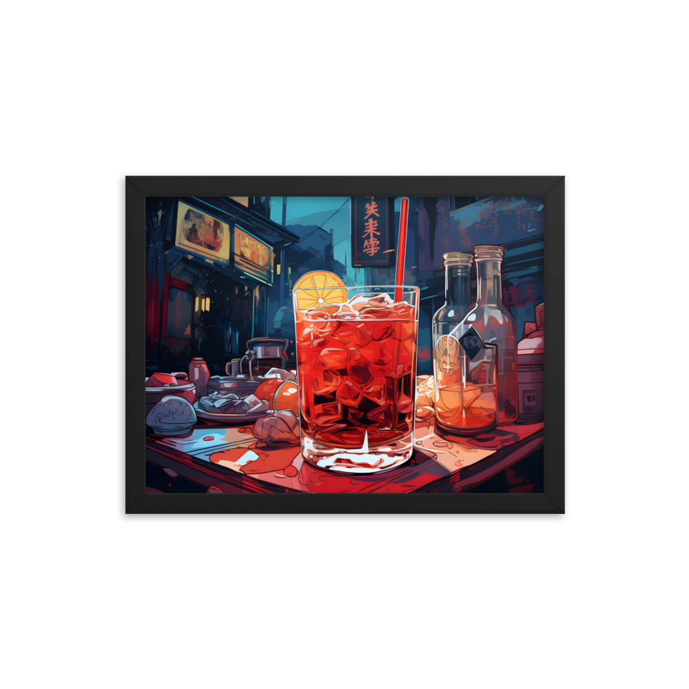 Framed Print Artwork Japanese Manga Style Alcohol And Night Life Bar Art Alcoholic Drink With Ice And Lemon Slice Framed Poster Neon Light Bar Artwork 12x16"