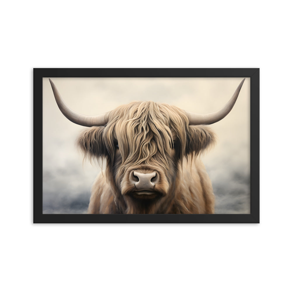 Framed Artwork Strong Stunning Highlander Bull Sunlit Staring Into The Viewer Captivating Painting Style