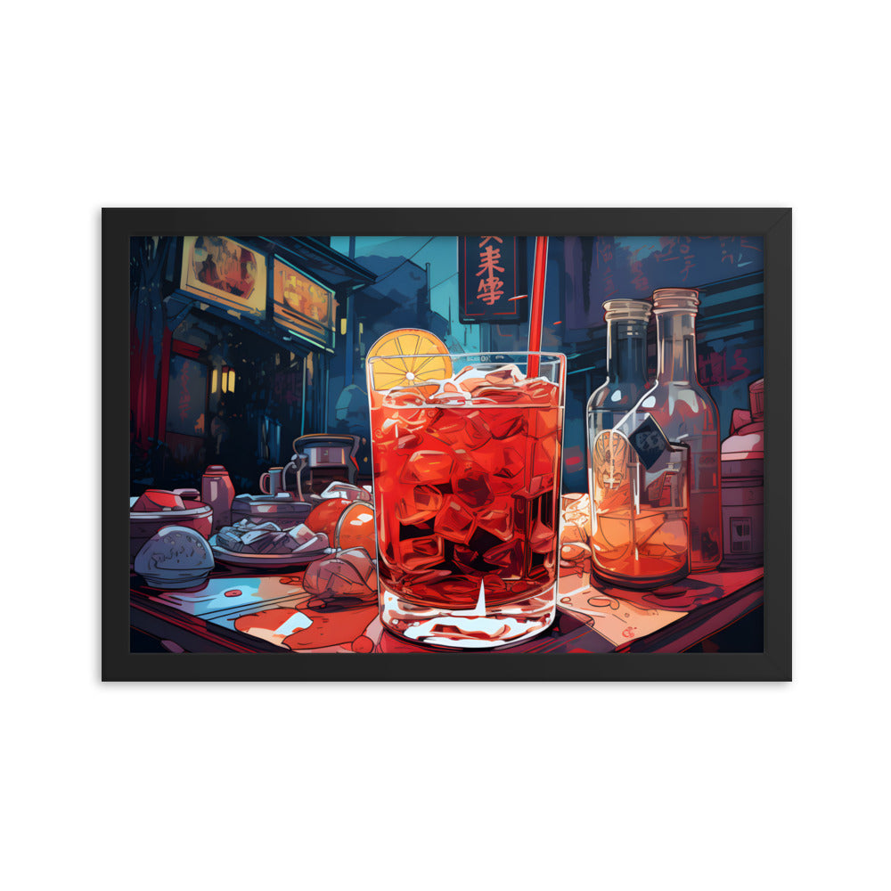 Framed Print Artwork Japanese Manga Style Alcohol And Night Life Bar Art Alcoholic Drink With Ice And Lemon Slice Framed Poster Neon Light Bar Artwork 12x18"